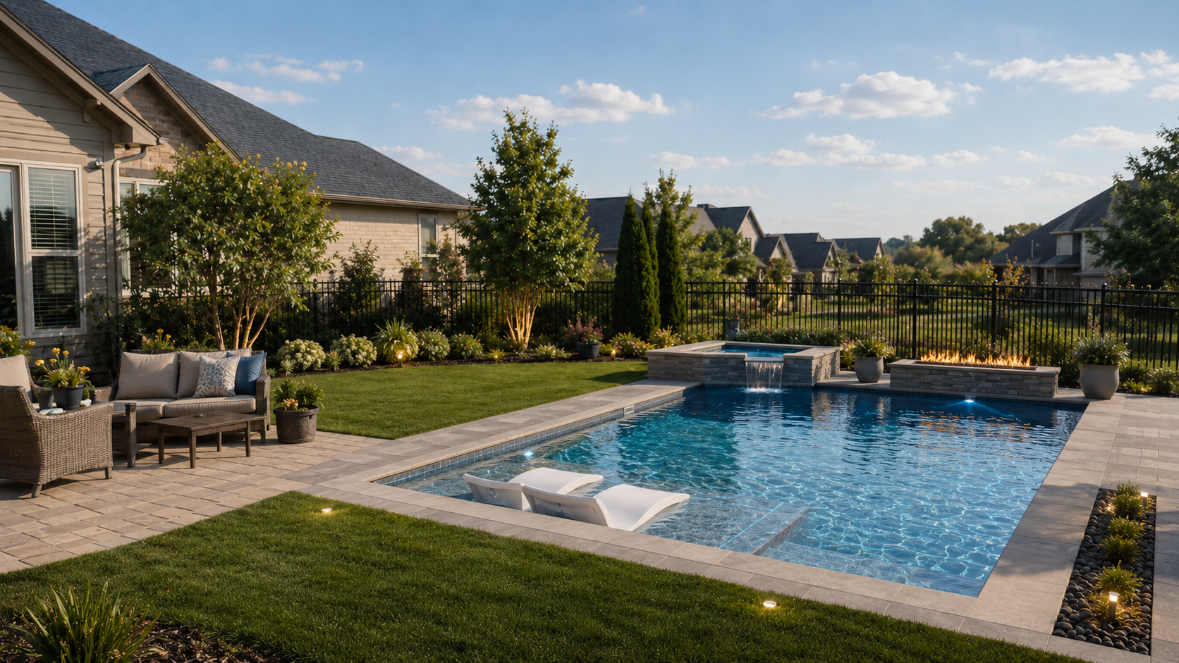 Finished custom pool with spa and water feature in a North Alabama backyard