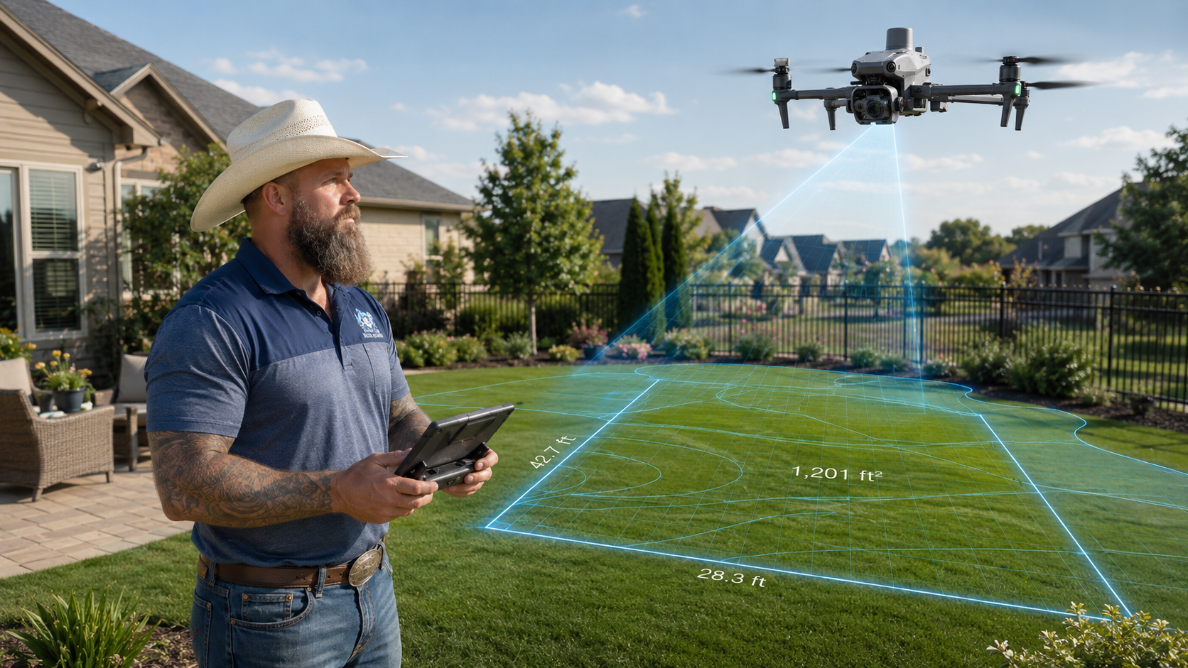 Rocket City Water Wizards flying a DJI Matrice 4E RTK drone to survey a client property in North Alabama before pool design begins