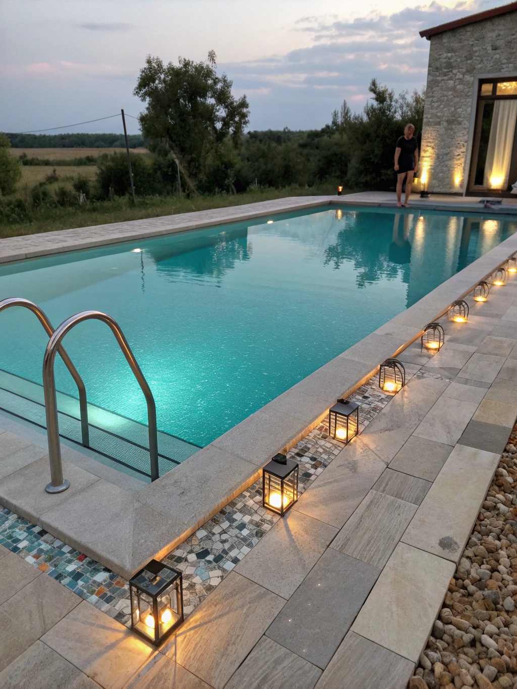 A sleek modern swimming pool installation in a residential backyard