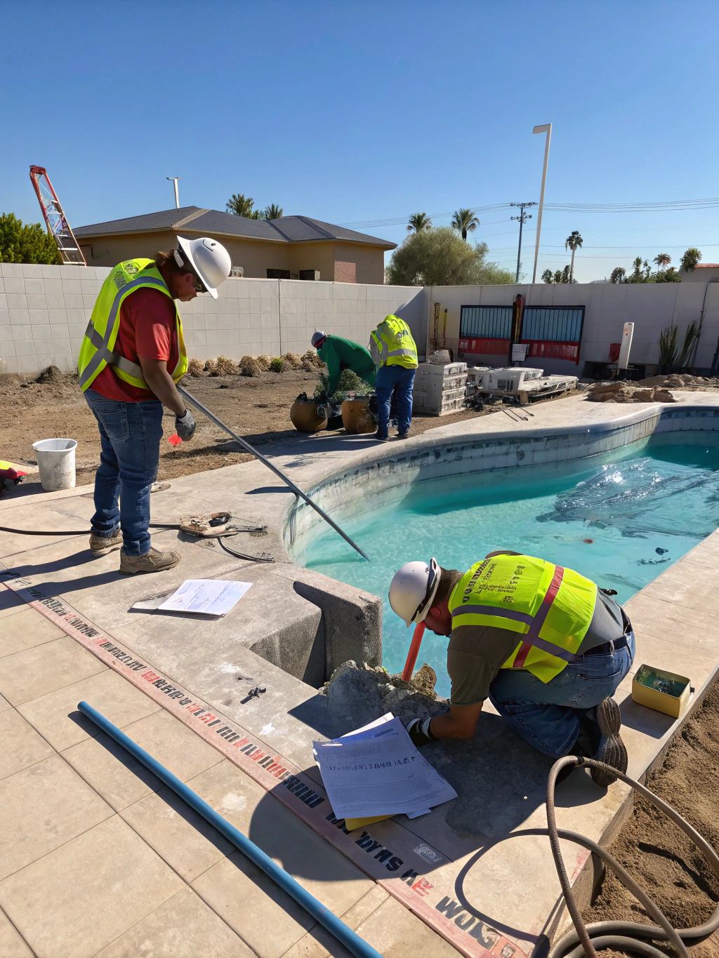 Professional pool installation site in progress