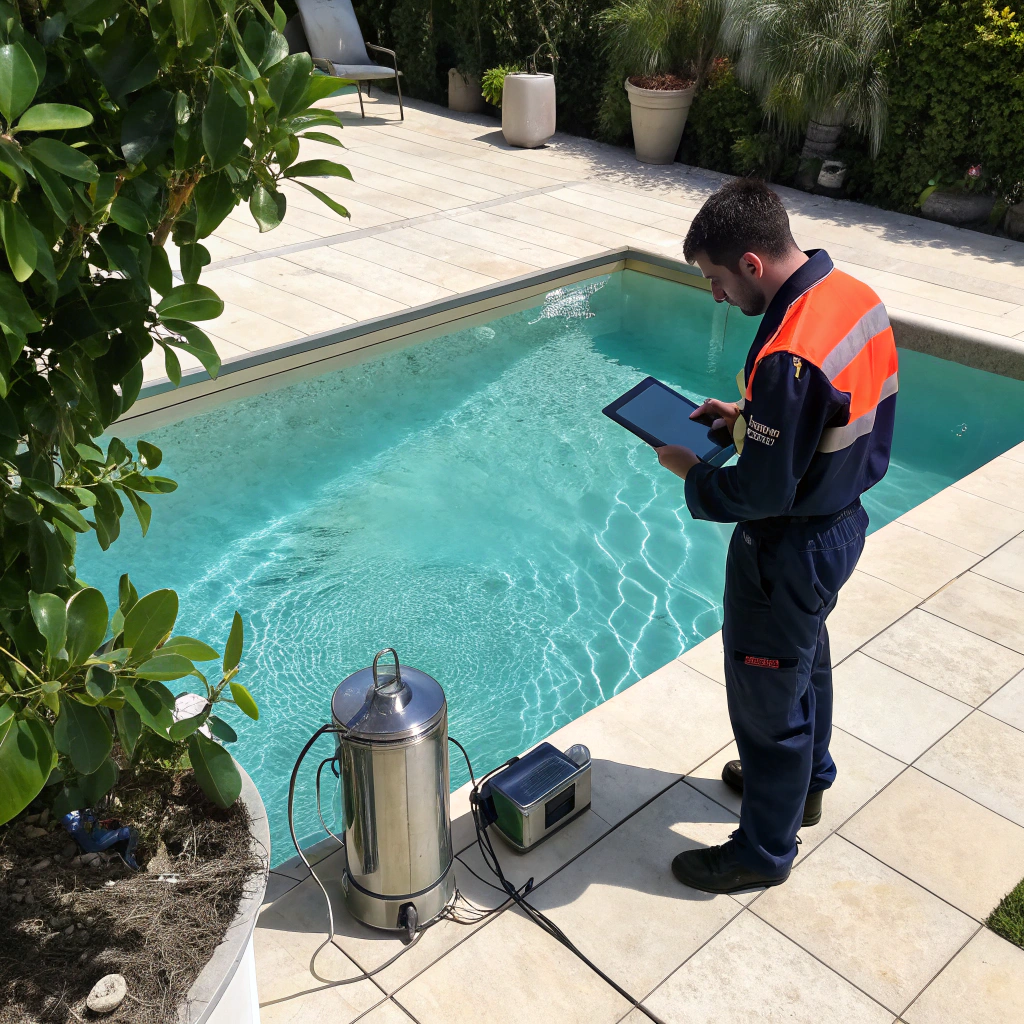 Close up of professional pool maintenance equipment and crystal clear water