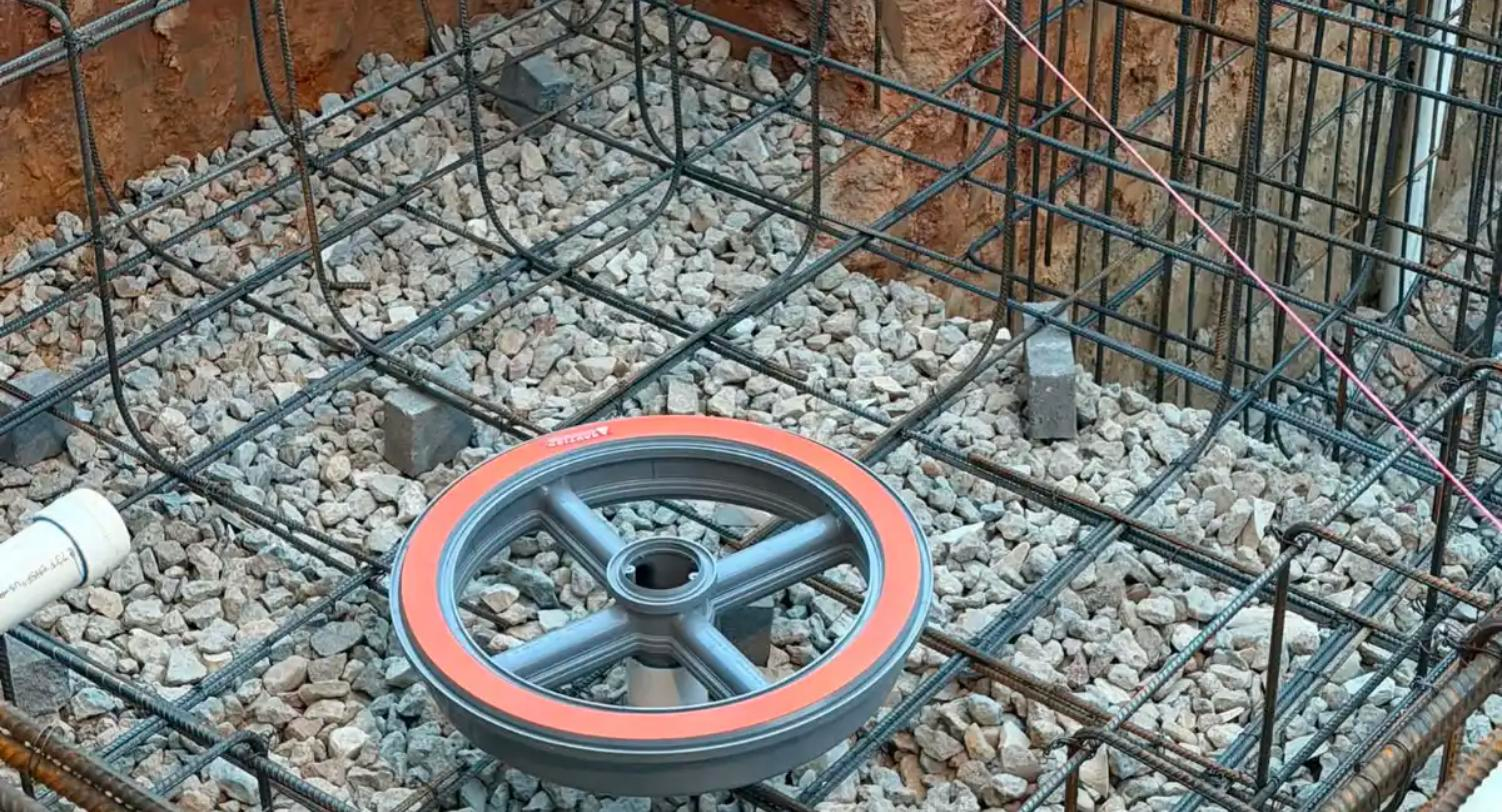 Main drain and hydrostatic relief valve set into the rebar grid on a gravel base before the pour