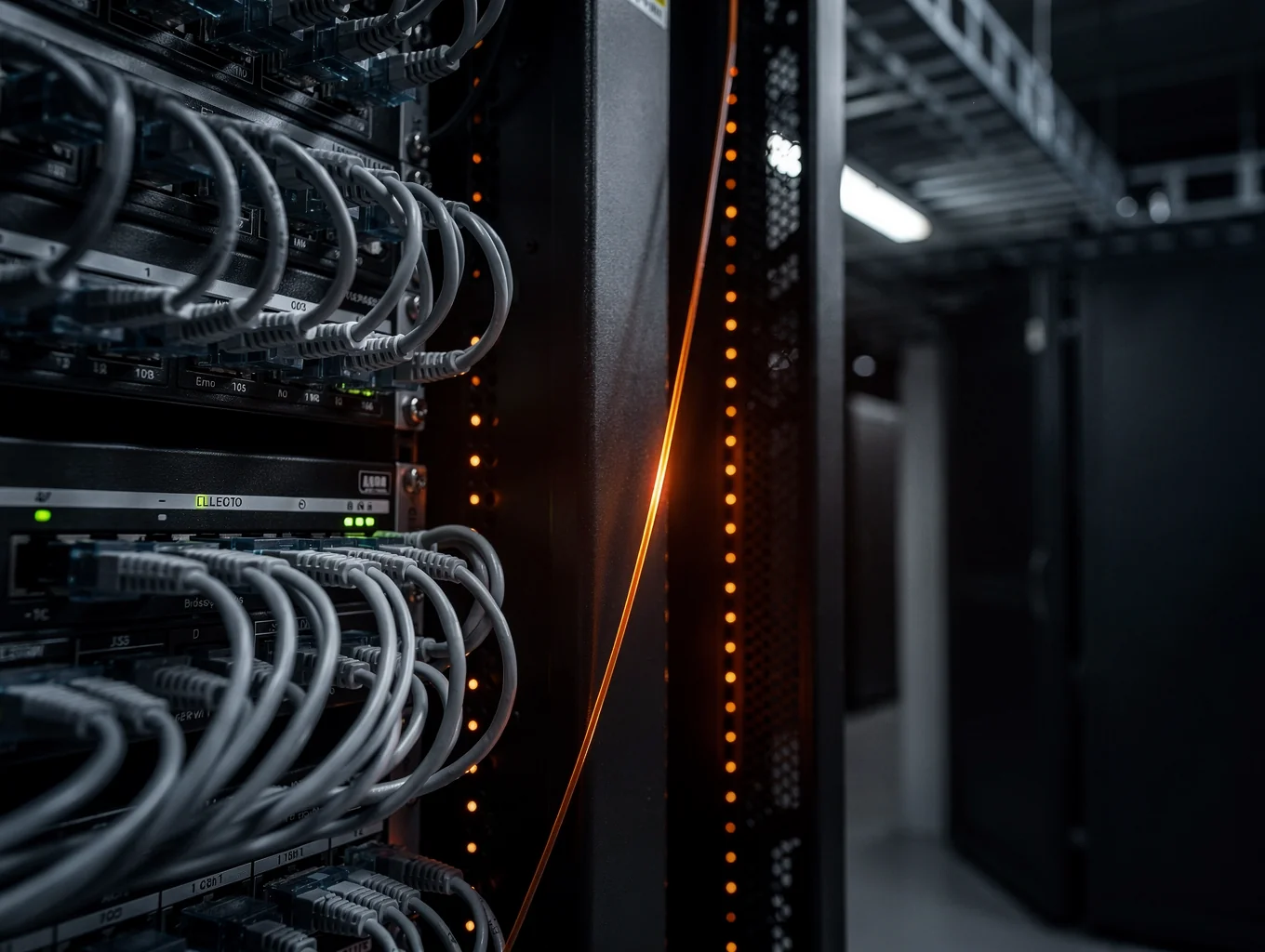 High-contrast black and white image of a server rack with a single glowing orange status light